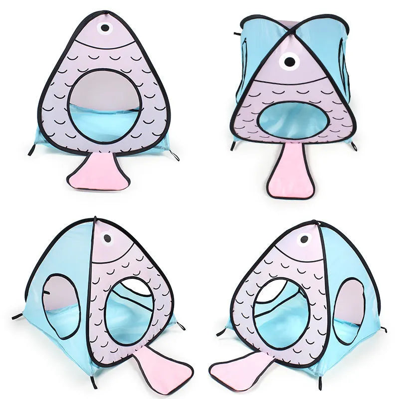 Foldable cat tent tunnel toy with cat and fish design in three-piece set