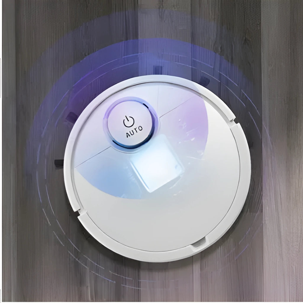 Automatic sweeping robot cleaner with a square body, shown on a hardwood floor.