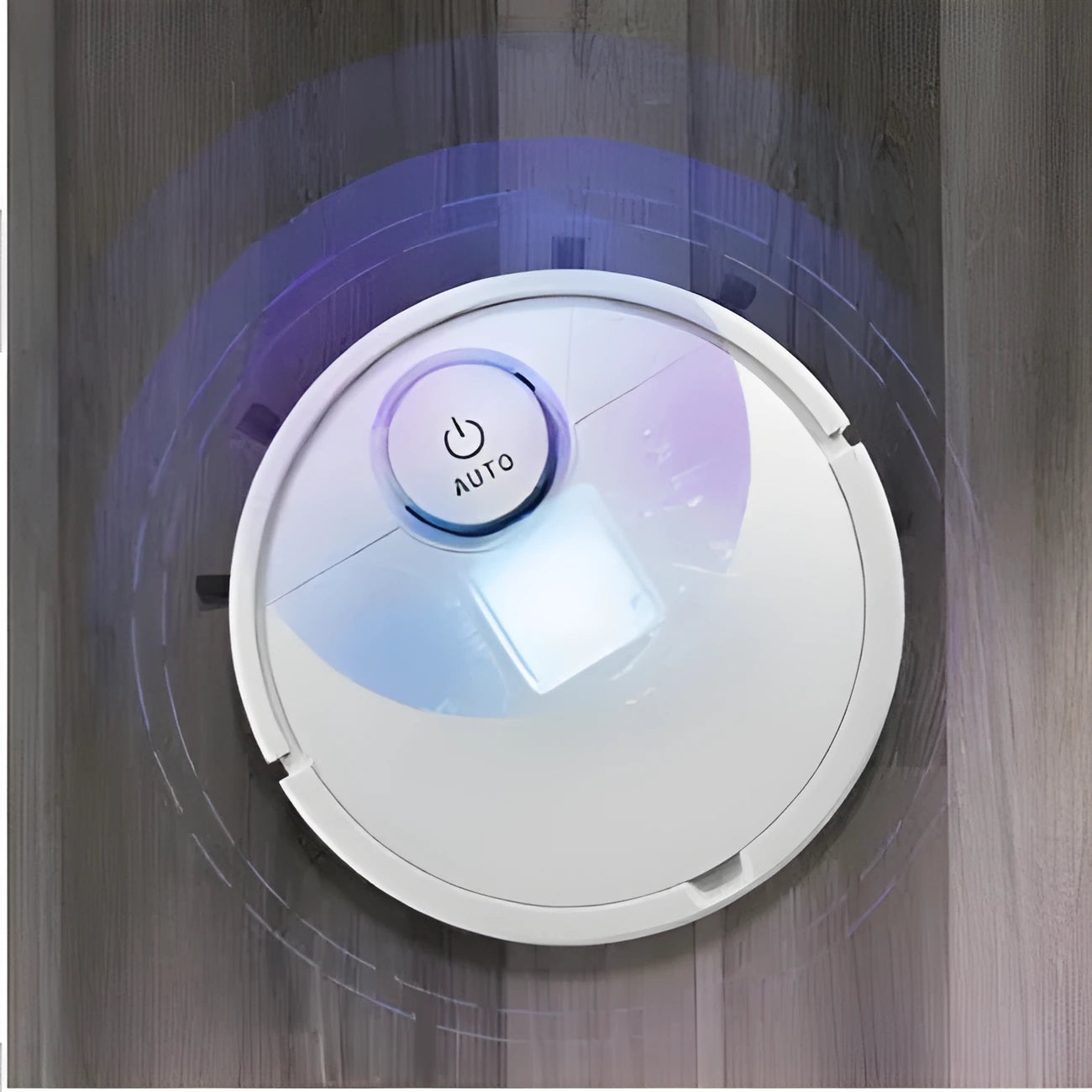 Automatic sweeping robot cleaner with a square body, shown on a hardwood floor.