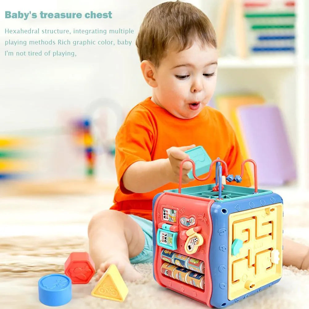 Colourful hexahedron educational toy showing bead maze, gear connections, and clock learning activities
