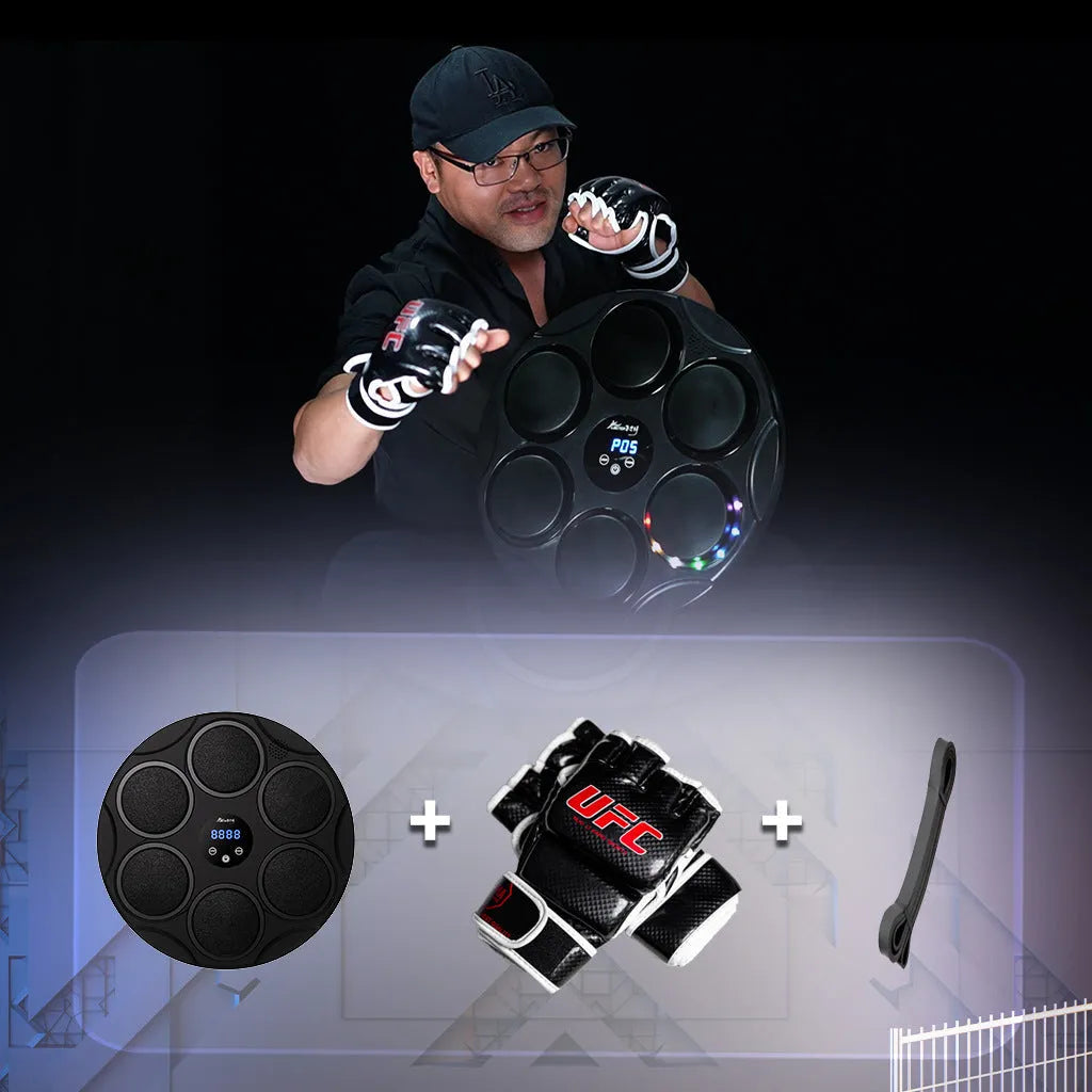 Black wall-mounted smart boxing target with coloured LED lights and Bluetooth connectivity
