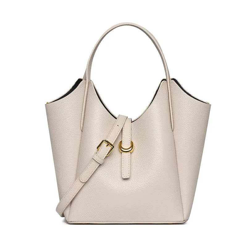 Genuine leather women's retro bucket bag with hand holding design in black, beige, khaki or lake blue colour