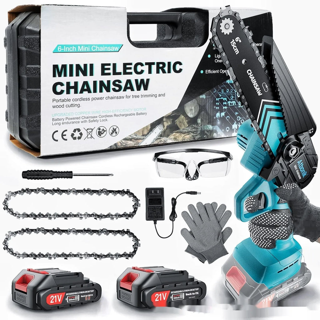 Handheld wireless mini chainsaw with 6-inch chain, two batteries, safety goggles, gloves, and storage case.