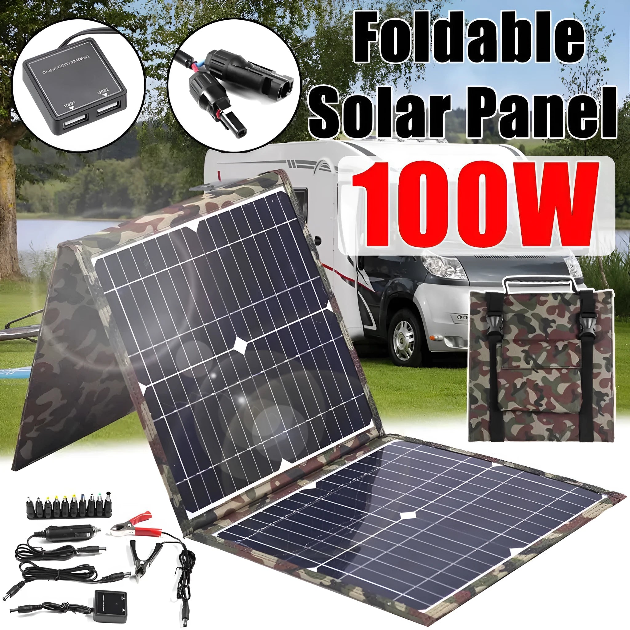 Black foldable portable 36W solar panel with USB ports and included car charger accessories