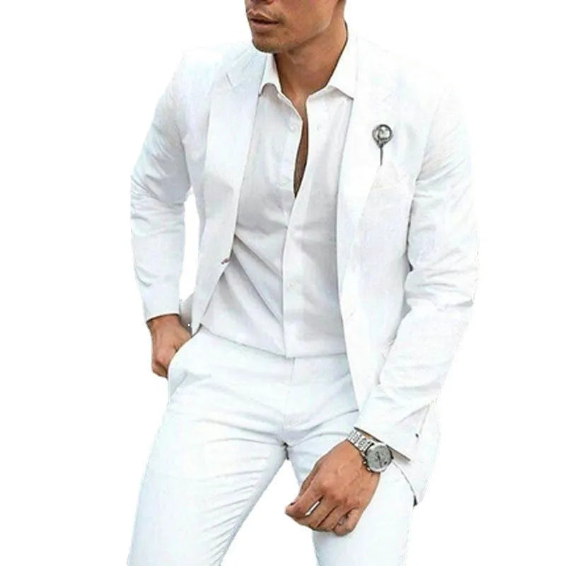 Men's white two-piece slim fit wedding suit with jacket and trousers for groomsman attire
