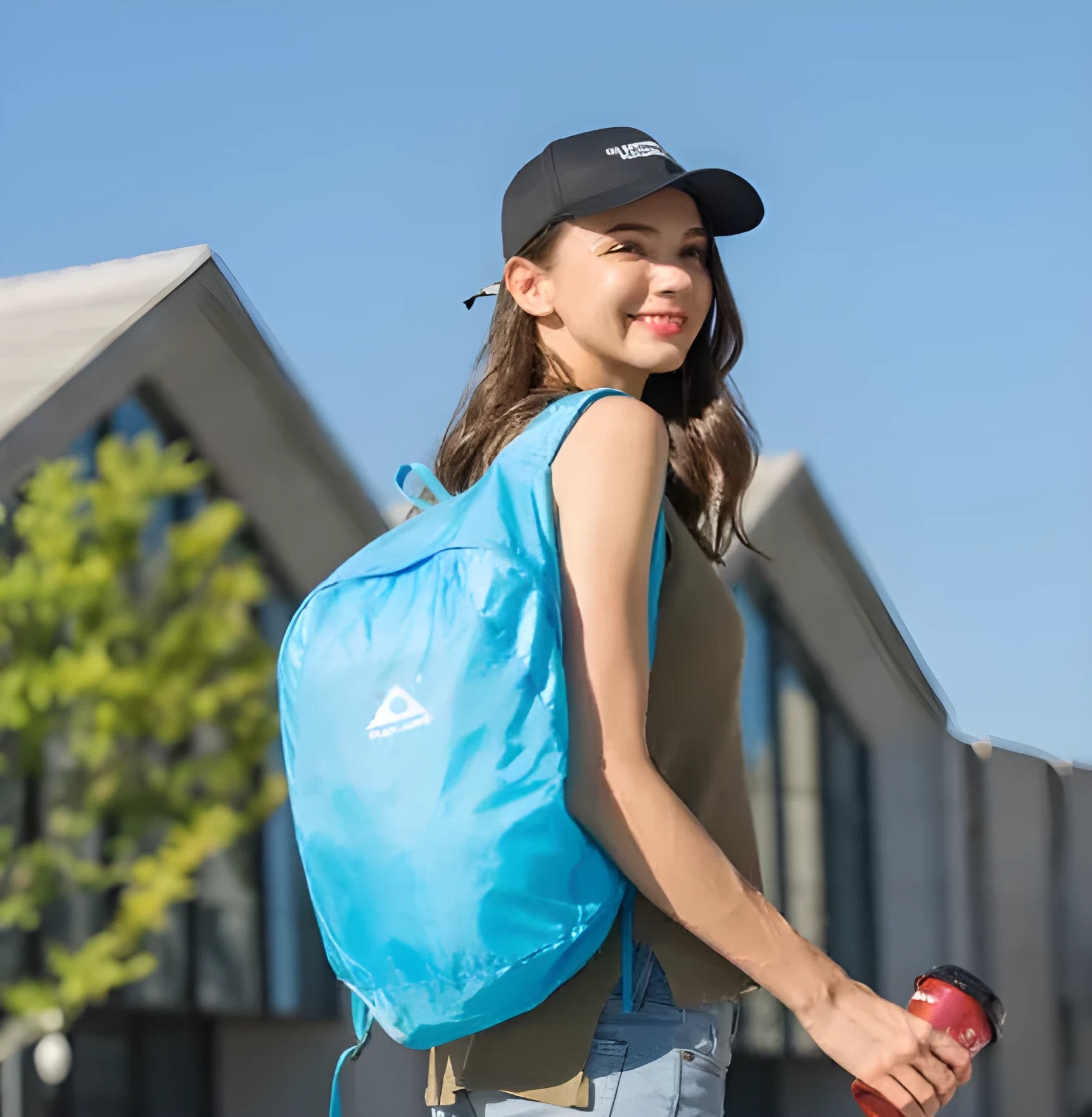 Ultra-thin outdoor backpack 20L waterproof polyester folds to fist size, lightweight 0.075kg, sky blue colour