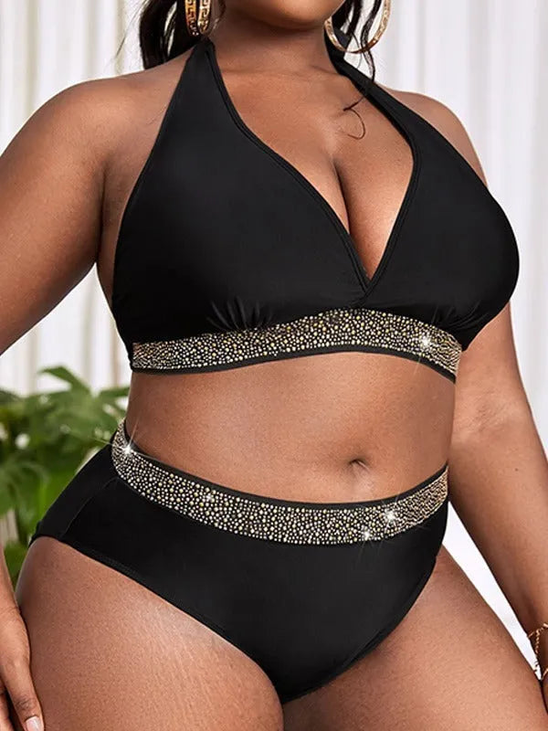 Black plus size women's bikini swimsuit set with bra and shorts