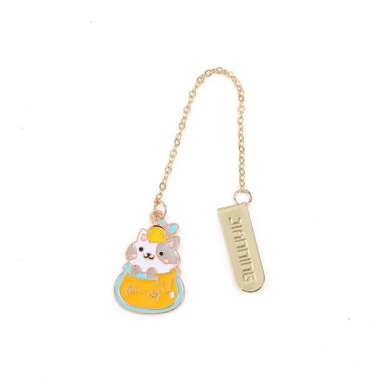 Jane Lime Foodie cute pet cat cartoon design on a metal pendant bookmark with colourful graphic.