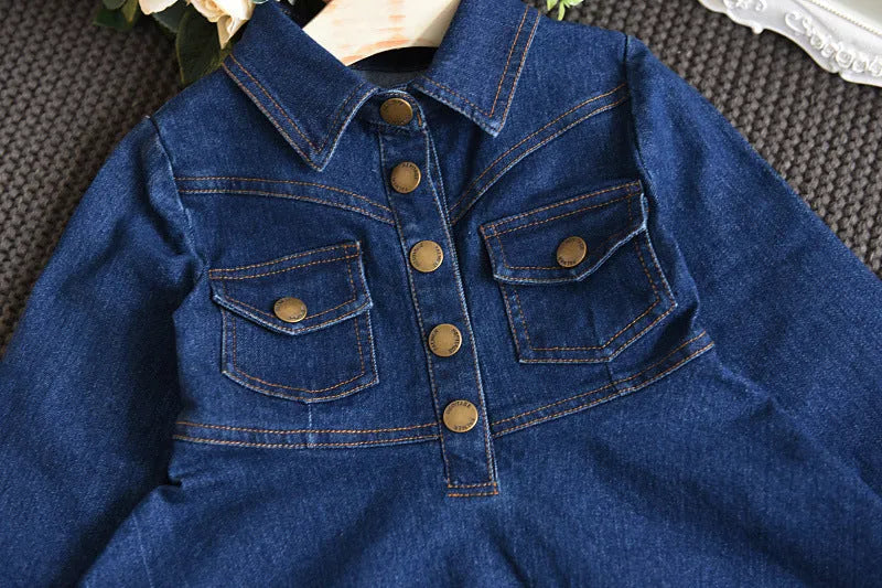 Girls navy denim dress with long sleeves and irregular skirt, cotton-rich fabric, sizes 100-140cm.