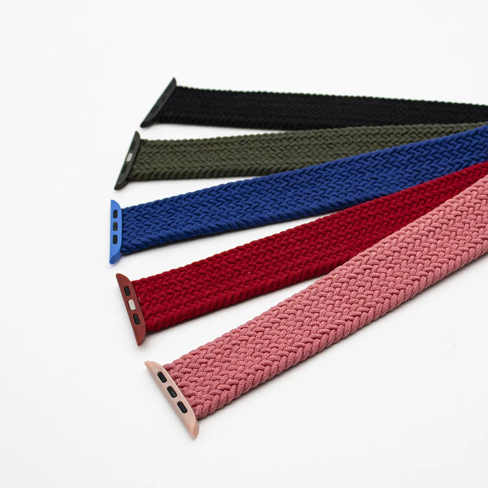 Nylon woven elastic Apple Watch strap with plastic head connector in army green colour.