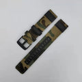 Oxford cloth replacement watch strap in army green showing short and extended length options for 20mm, 22mm, 24mm widths.