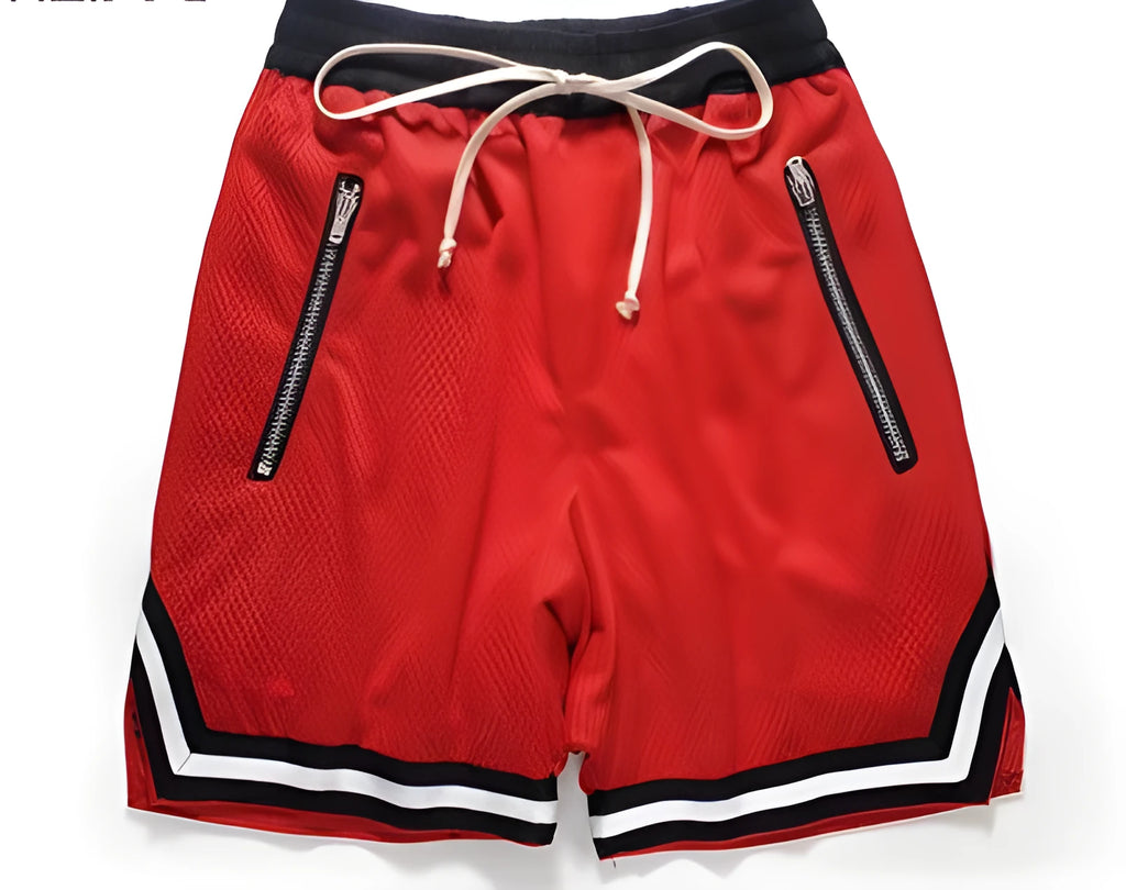 Men's elastic waist baggy sports shorts with zip fly, front view, black colour