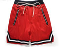 Men's elastic waist baggy sports shorts with zip fly, front view, black colour
