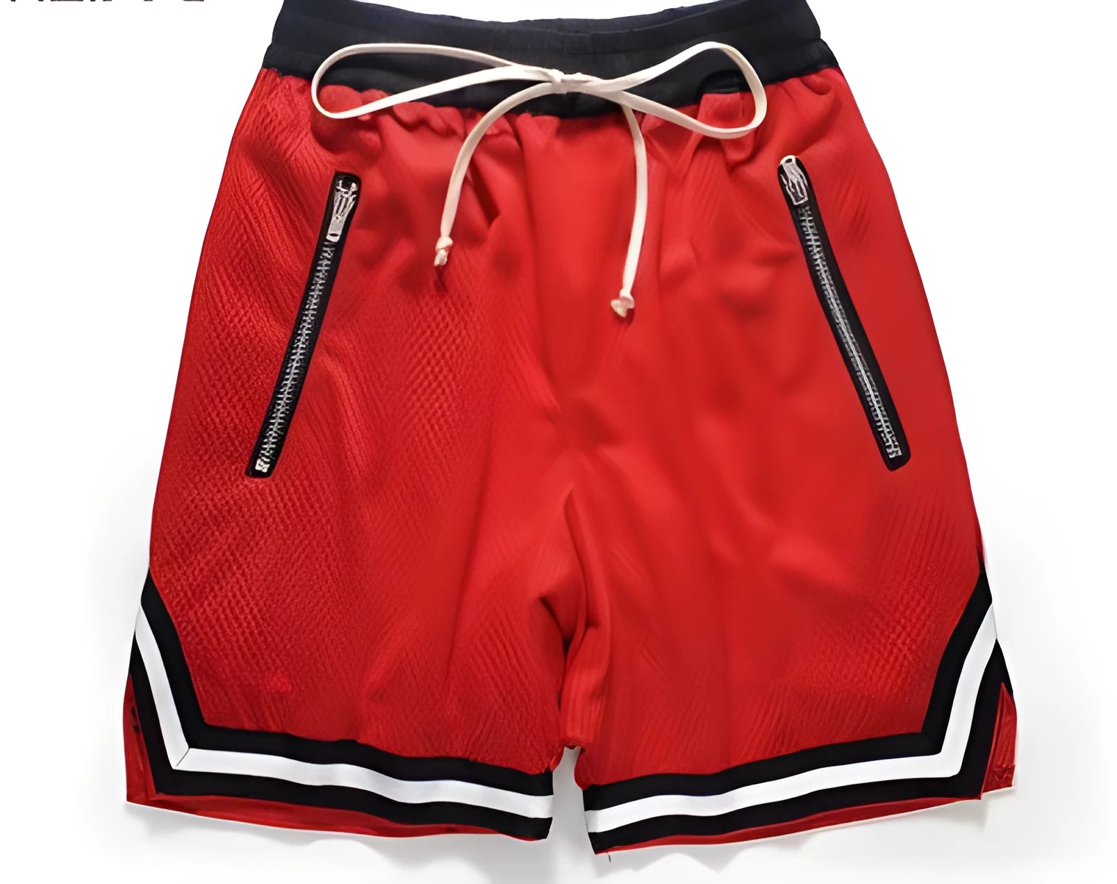 Men's elastic waist baggy sports shorts with zip fly, front view, black colour