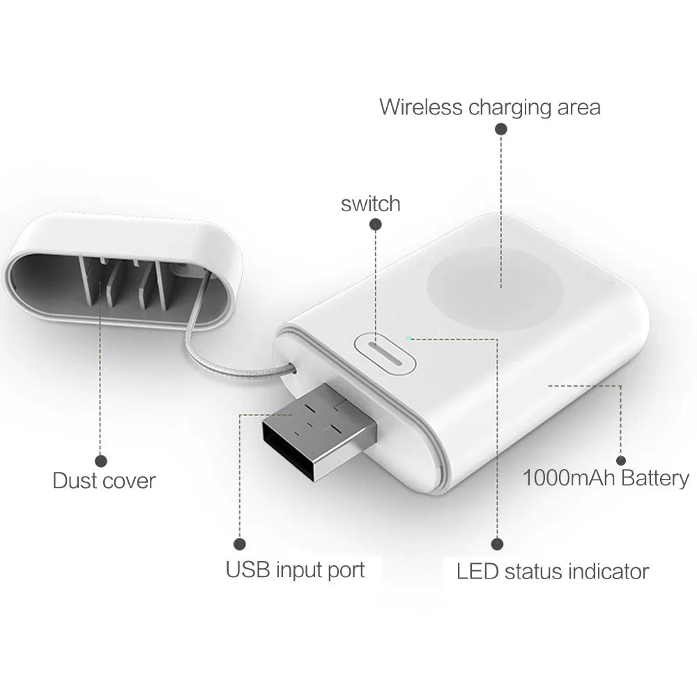 White mini wireless charger for Apple Watch with magnetic pad and Micro USB port on compact plastic casing