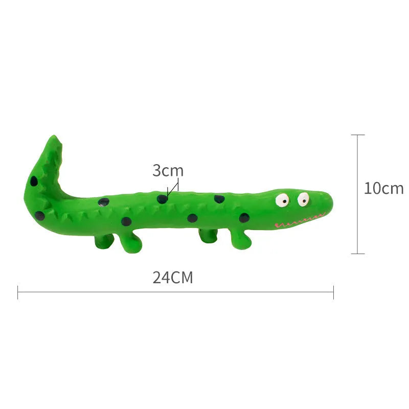 Green latex lizard-shaped dog chew toy with squeaker for aggressive chewers