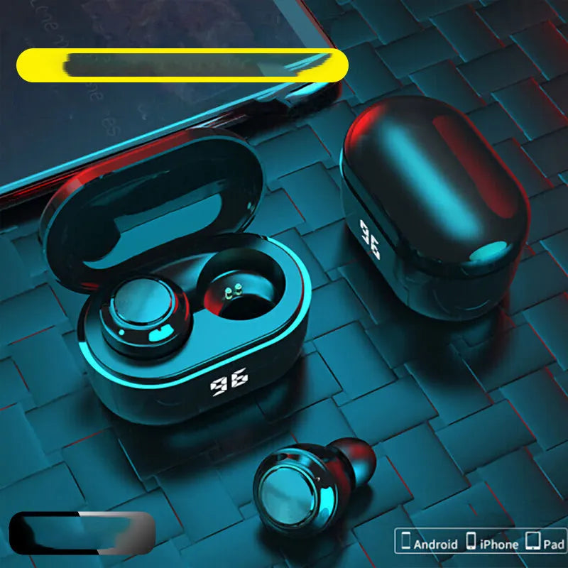 Black stereo Bluetooth wireless earbuds with earplug design for music and calls.