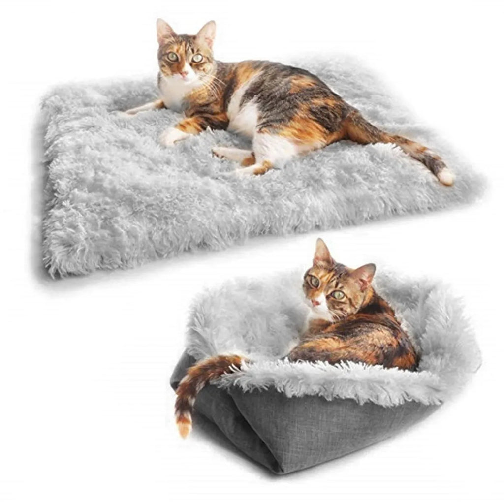 Grey and white pet blanket nest with plush surface and non-slip bottom measuring 61cm by 51cm