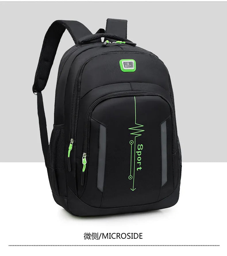 Blue business travel backpack with airpillow straps and sewing line detail on Oxford cloth.