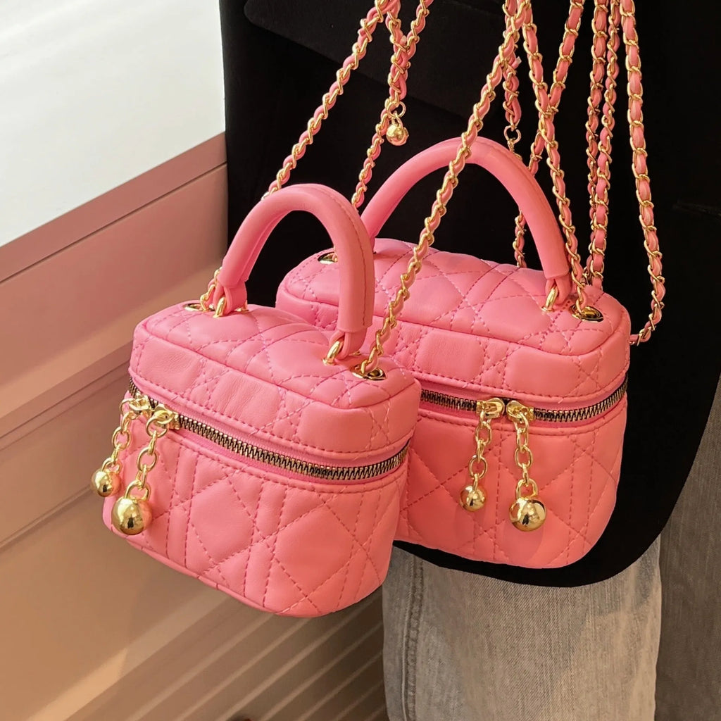 PU mini handbag with beaded chain, plaid and rhombus detail, horizontal square shape, soft construction, available in rose pink and black.