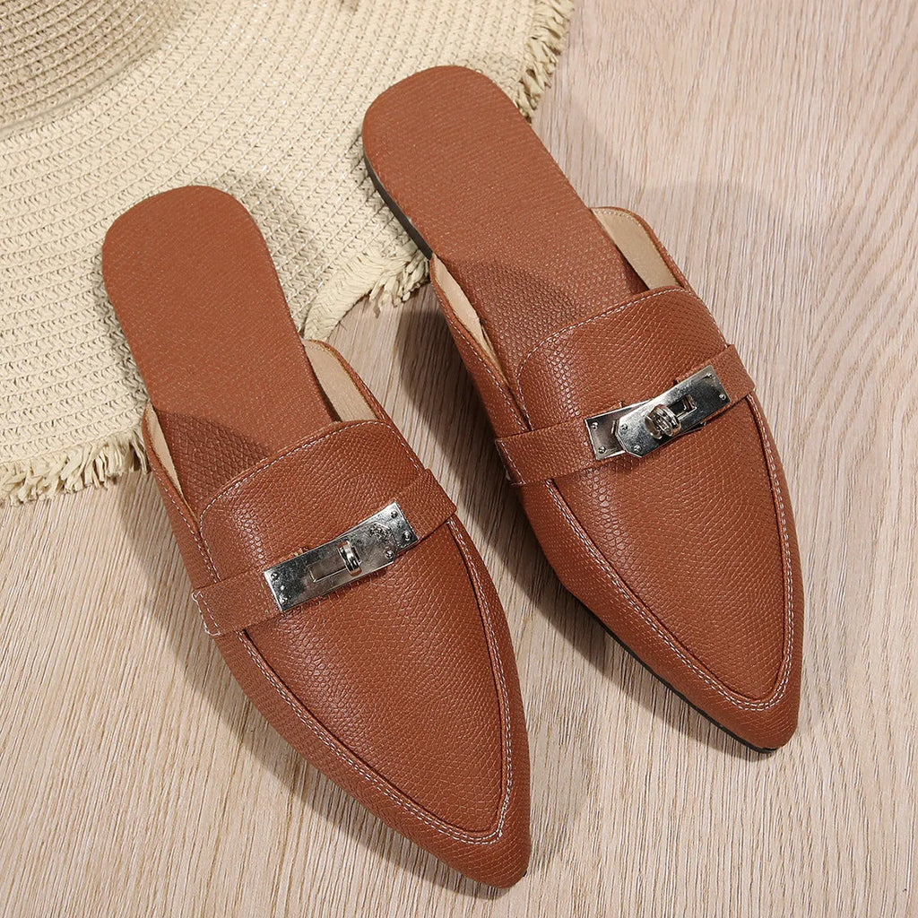 Light brown women's pointed-toe casual semi-slippers with a low block heel and slip-on design.