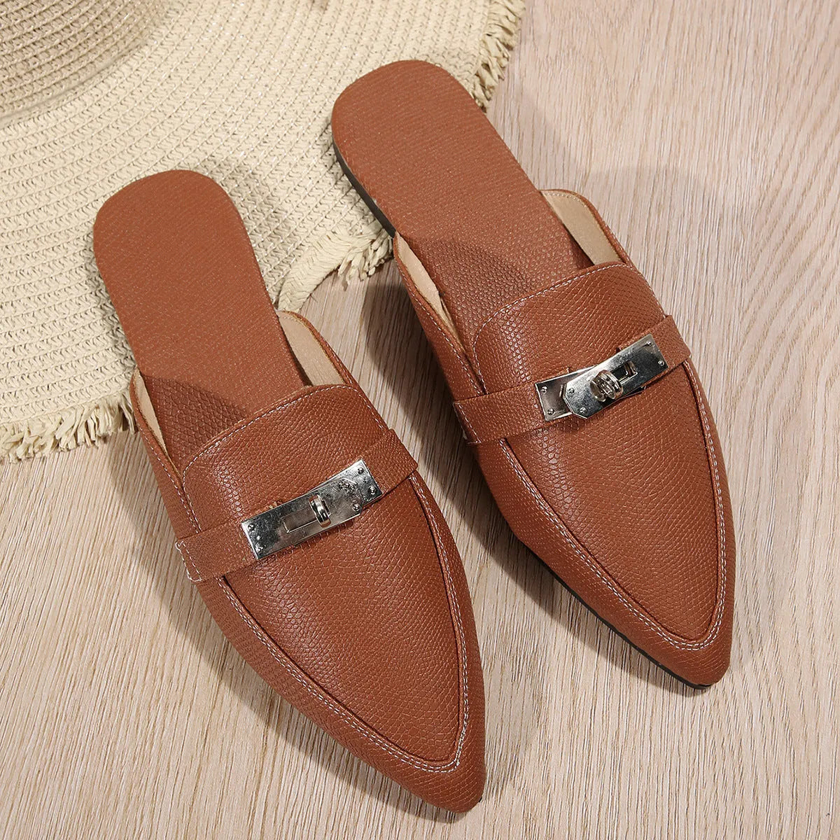 Light brown women's pointed-toe casual semi-slippers with a low block heel and slip-on design.