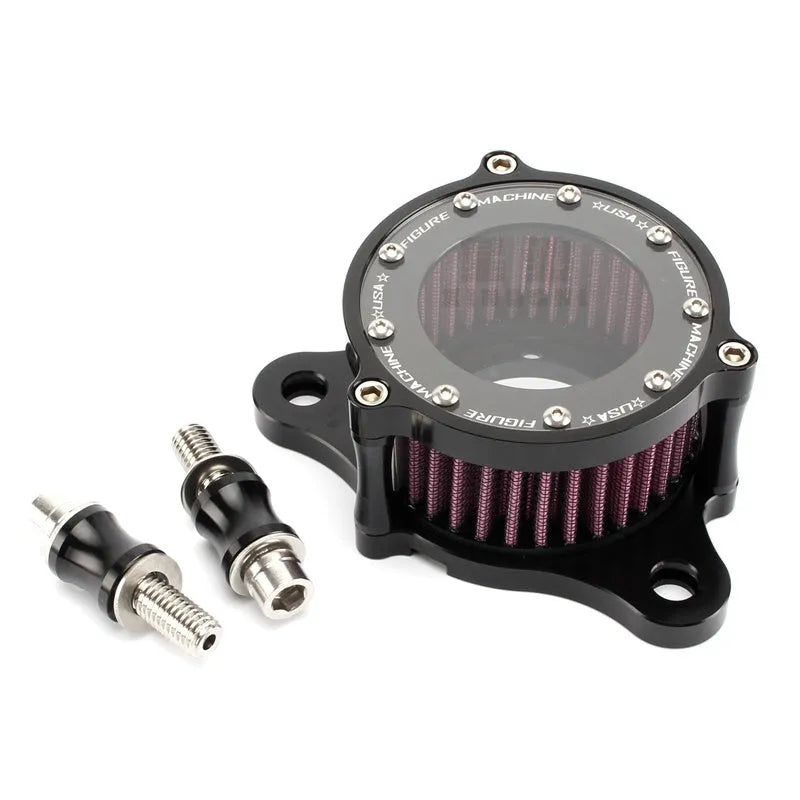 CNC aluminium motorcycle air filter with transparent glass showing black filter element for Harley Davidson