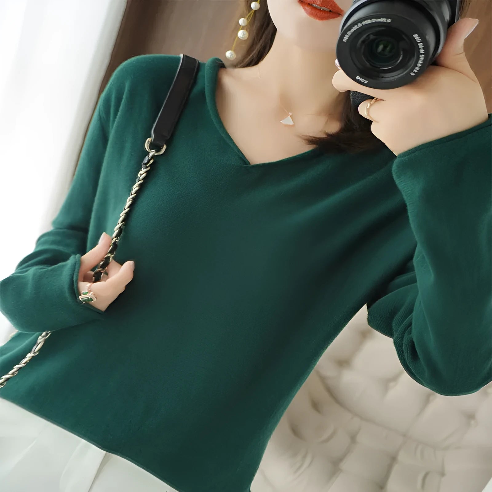 Women's V-neck long sleeve knitwear pullover top in turmeric colour with non-ironing finish