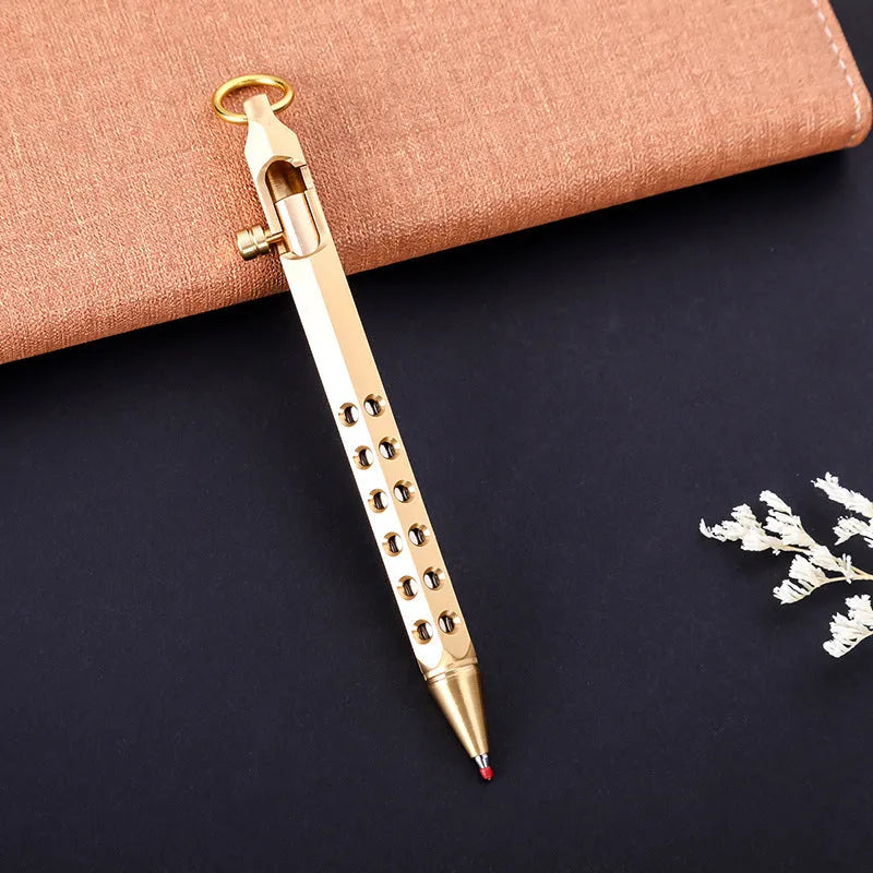 Brass hexagonal bolt action rollerball pen with retro six-angle design