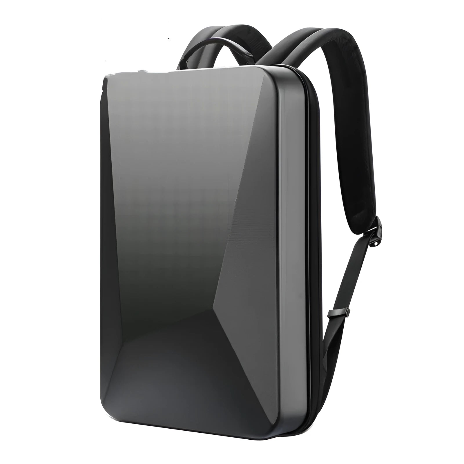 Large black PC hard shell men's backpack with lock, showing laptop compartment and shoulder straps.
