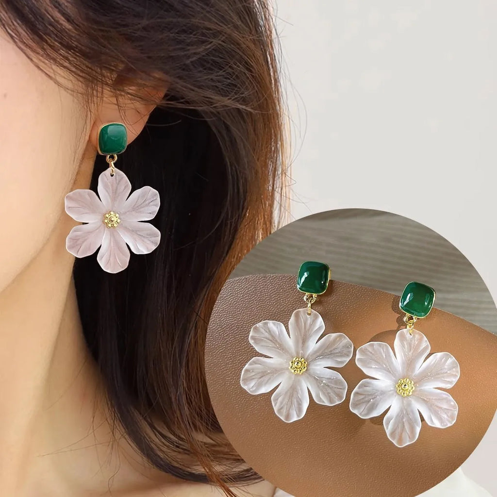 Dark green alloy needle flowers sweet earrings with floral charm design for women