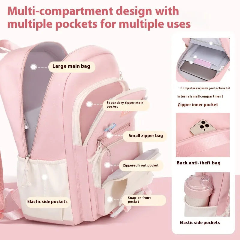 Pink waterproof Oxford cloth school backpack for girls with curved shoulder straps.