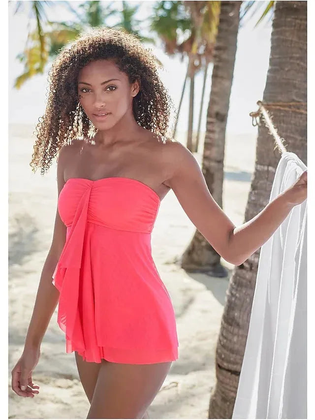 Women's strapless one-piece swimsuit in polyester available in black, blue, pink, and picture colour.