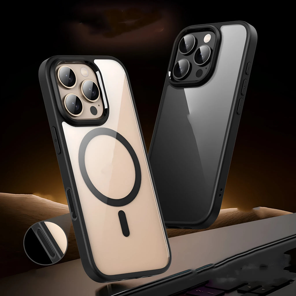 Black transparent magnetic iPhone 16 case with airbag corner protection