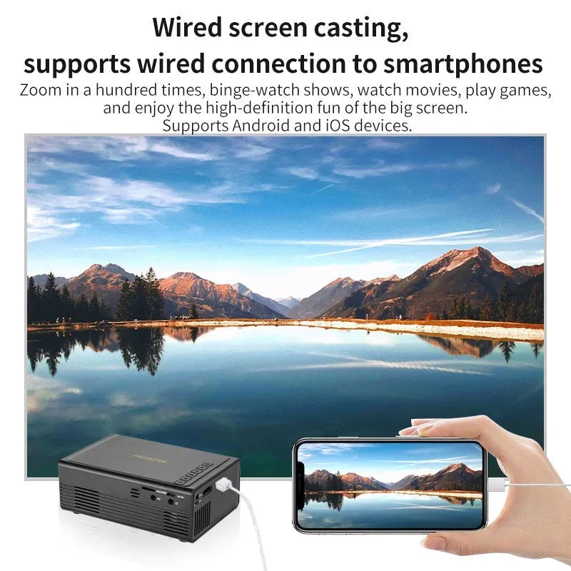 Black or white portable mini projector with wired mobile phone connection and international power compatibility