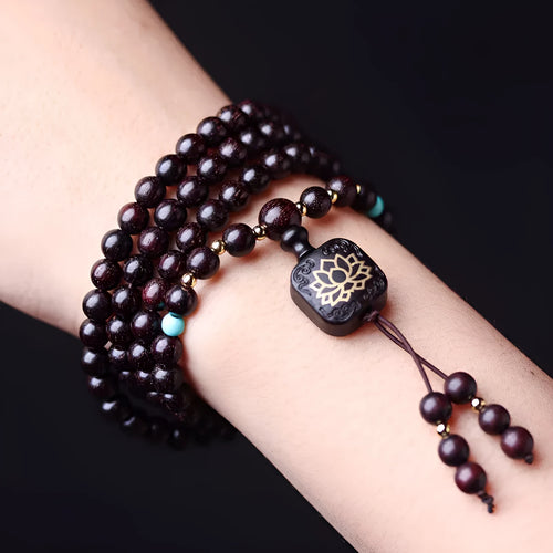 Zambian rosewood Buddha beads bracelet with 108 wooden beads and flat lotus pendant on string