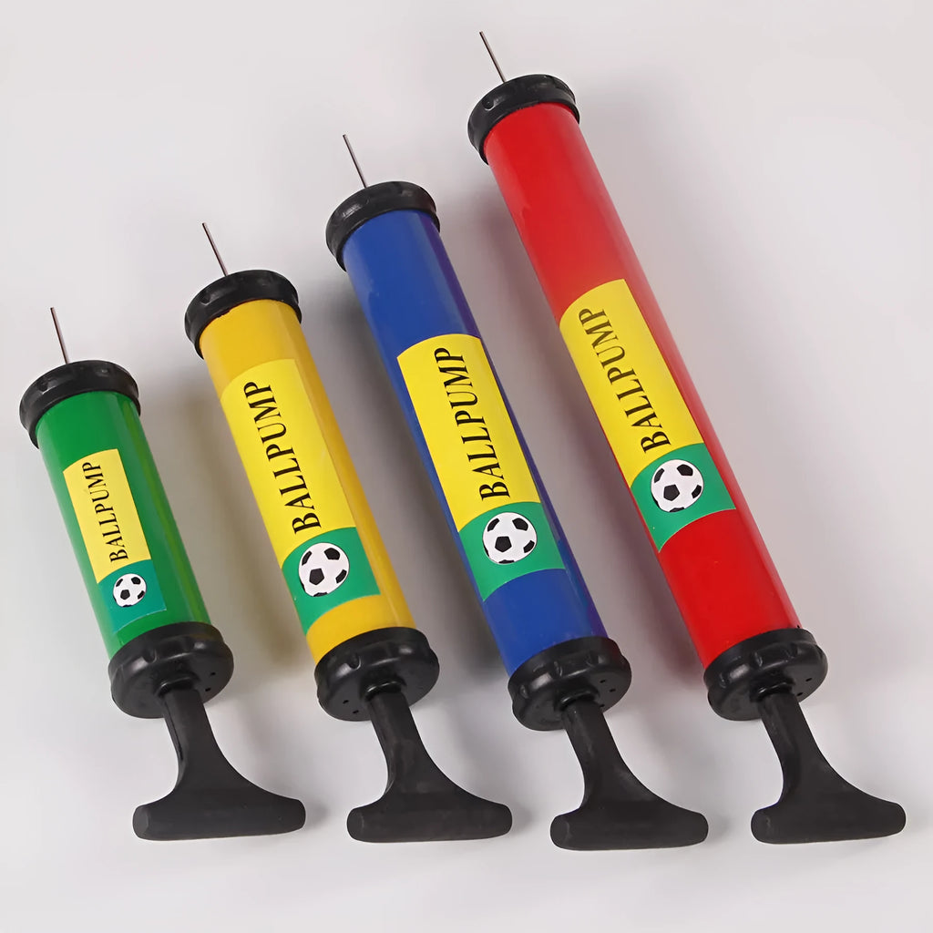 A manual plastic pump for inflating balloons and sports balls, shown in mixed colours.