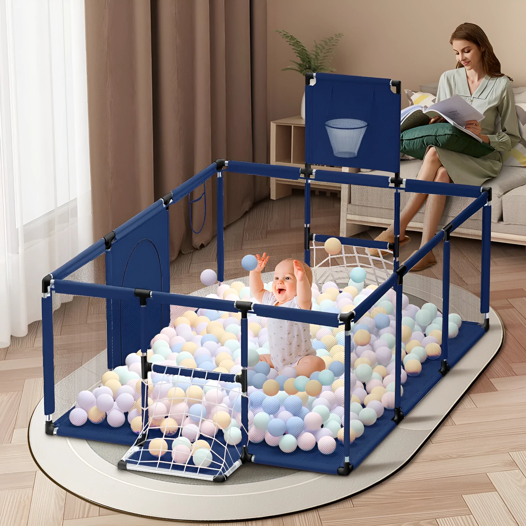 Large blue children's playpen tent with Oxford cloth walls and stainless steel frame in a nursery.
