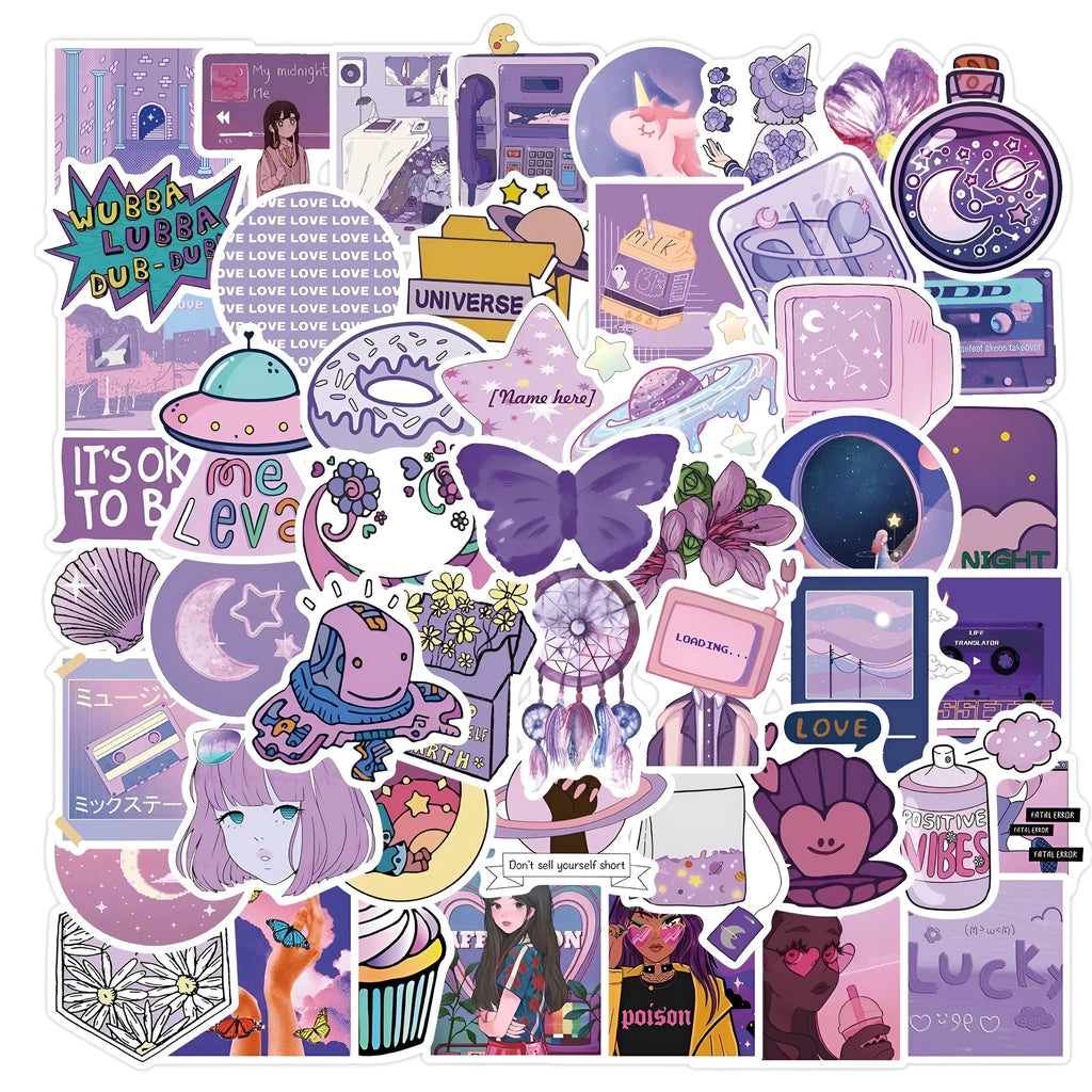 Purple graffiti cartoon skin self-adhesive stickers for luggage, 50 pack, each sticker 4-6cm