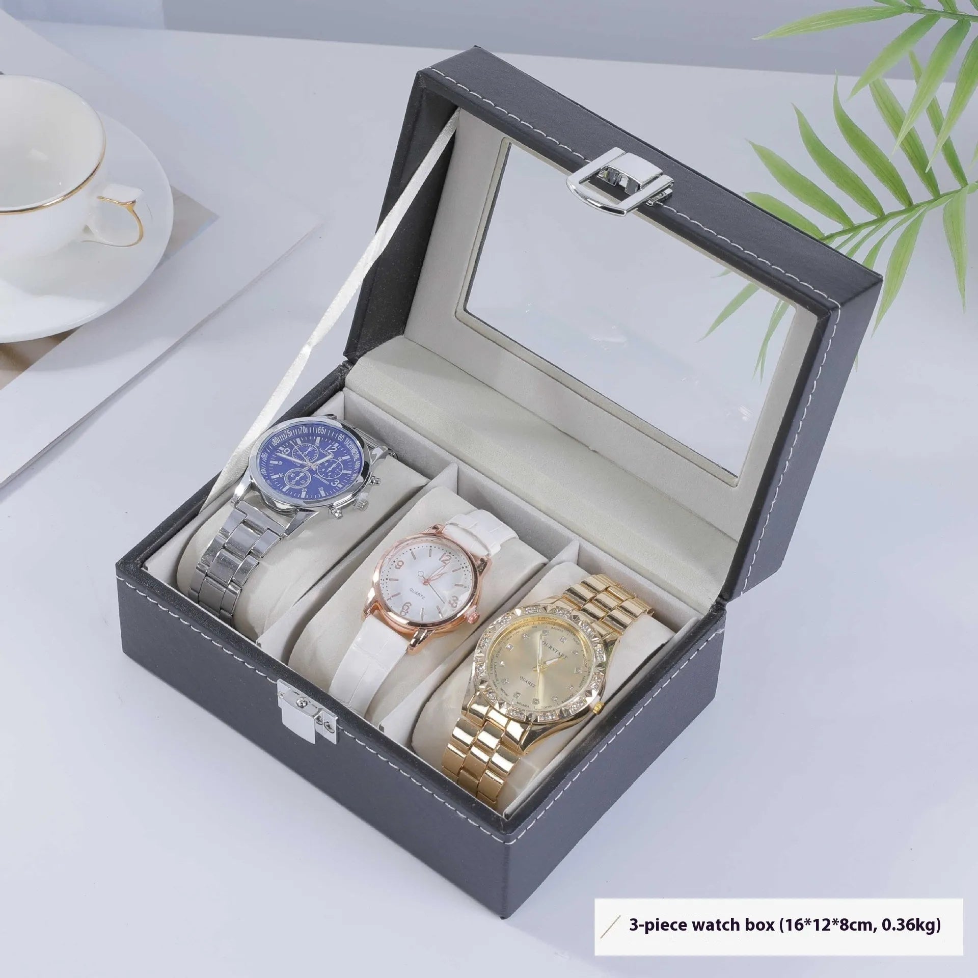 Grey high-grade leather watch storage box with a clear see-through lid, shown holding multiple watches.