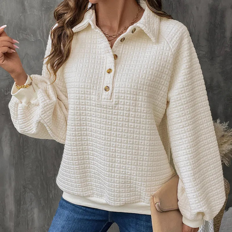 Women's milky white polo collar sweater with long sleeves and solid colour design