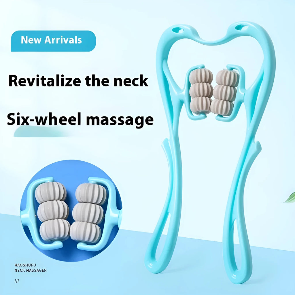 Blue six-wheel manual muscle massager with an adjustable long handle for neck, shoulder, and back relief.