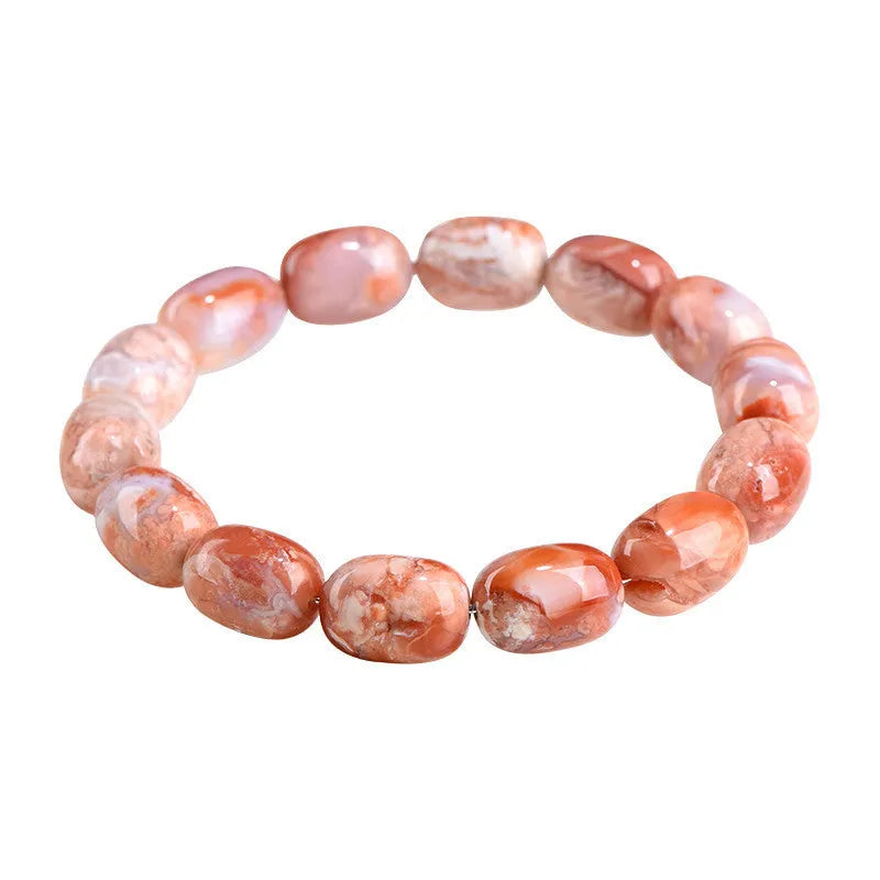 Natural cherry agate bracelet with 10x14mm barrel beads in geometric design