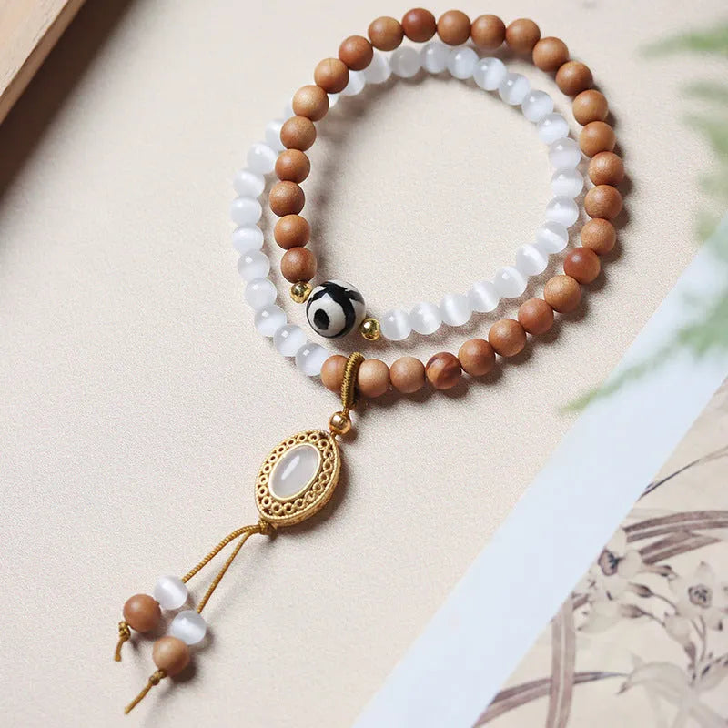 Mixed material bracelet with sandalwood double ring opal Tibetan beads and polished finish