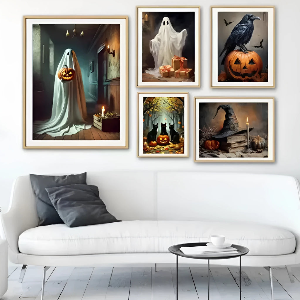 Frameless canvas painting of a ghost tea party with pumpkins Halloween decor