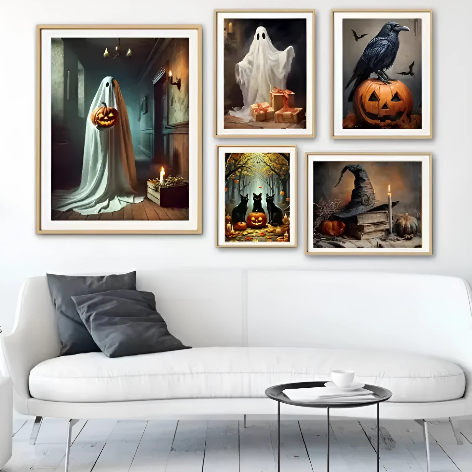 Frameless canvas painting of a ghost tea party with pumpkins Halloween decor