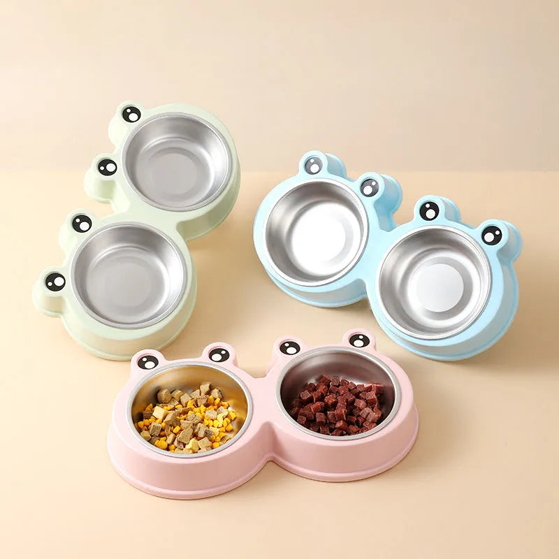 Stainless steel double pet bowl for food and water with a non-slip base and frog design, in blue colour.