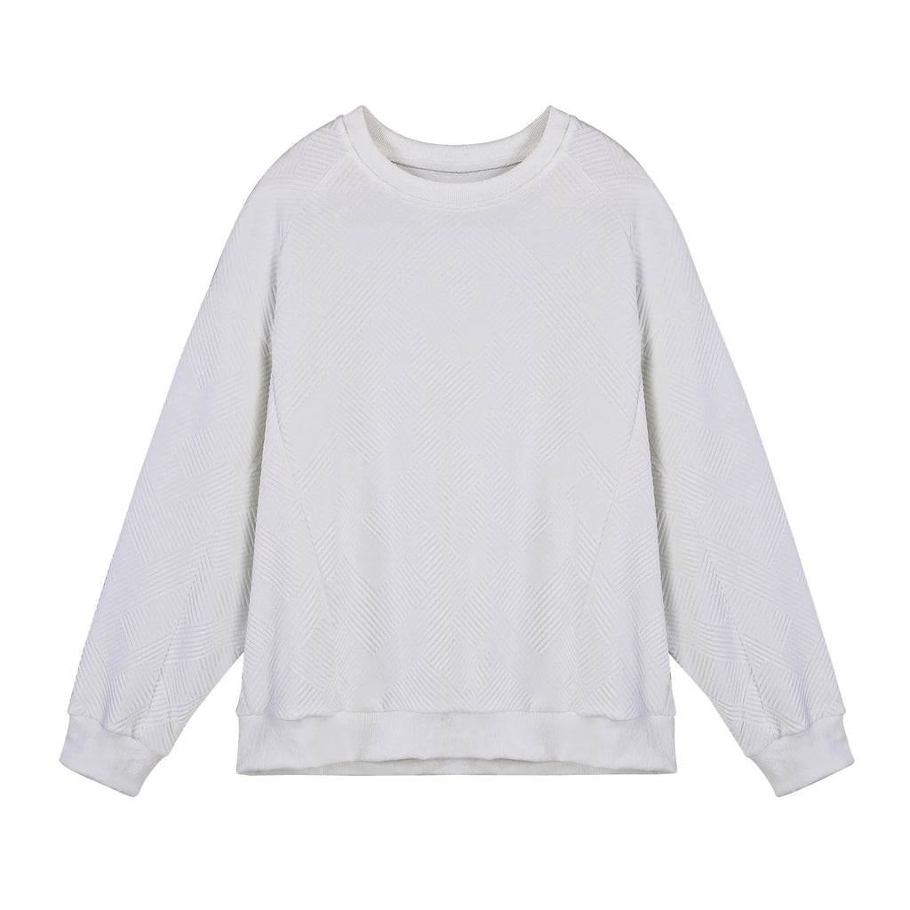 Men's loose fit solid colour twill jacquard pullover sweater on a hanger.