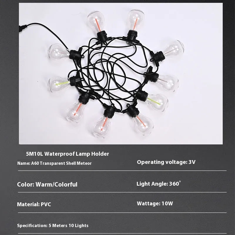 5 metre waterproof outdoor decorative string lights with 10 A60 transparent meteor case bulbs