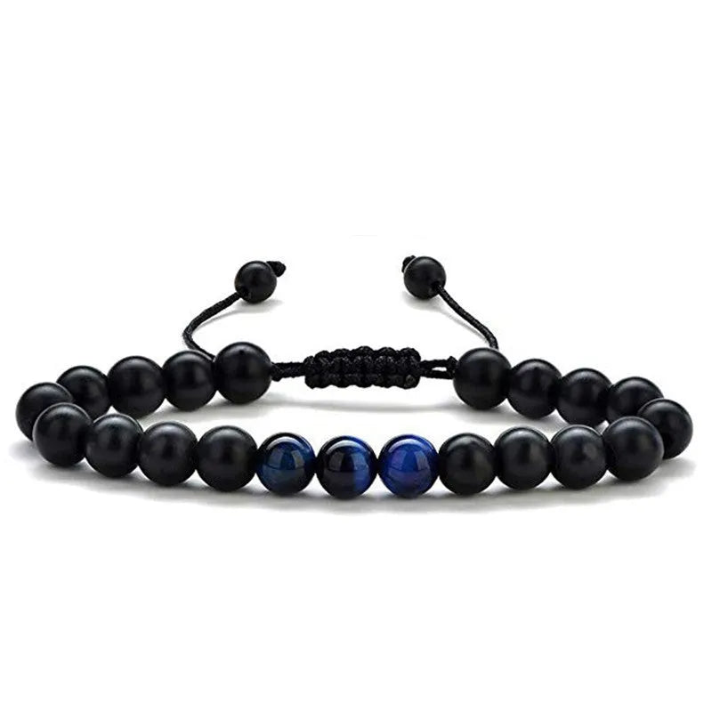 Geometric agate couple bracelets in tiger eye and matte black beads.